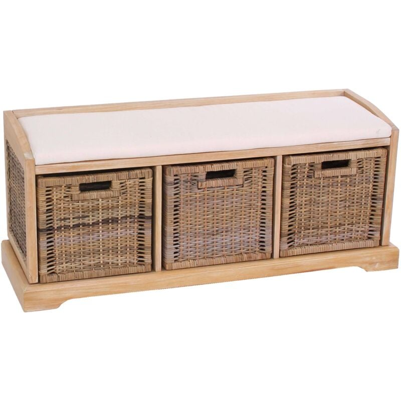 foto del prodotto panca cassettiera contenitore 3 ceste multiuso con cuscino legno 37x112x46cm legno chiaro
