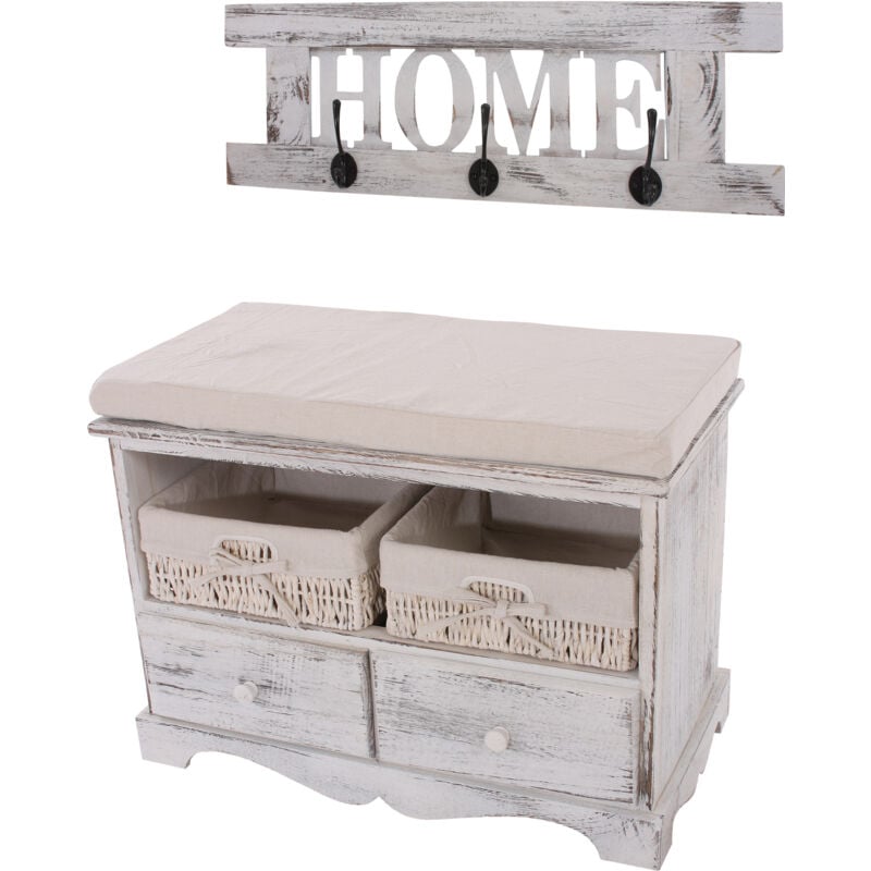 foto del prodotto panca cassettiera shabby vintage con attaccapanni 42x62x33cm home legno di paulonia bianco