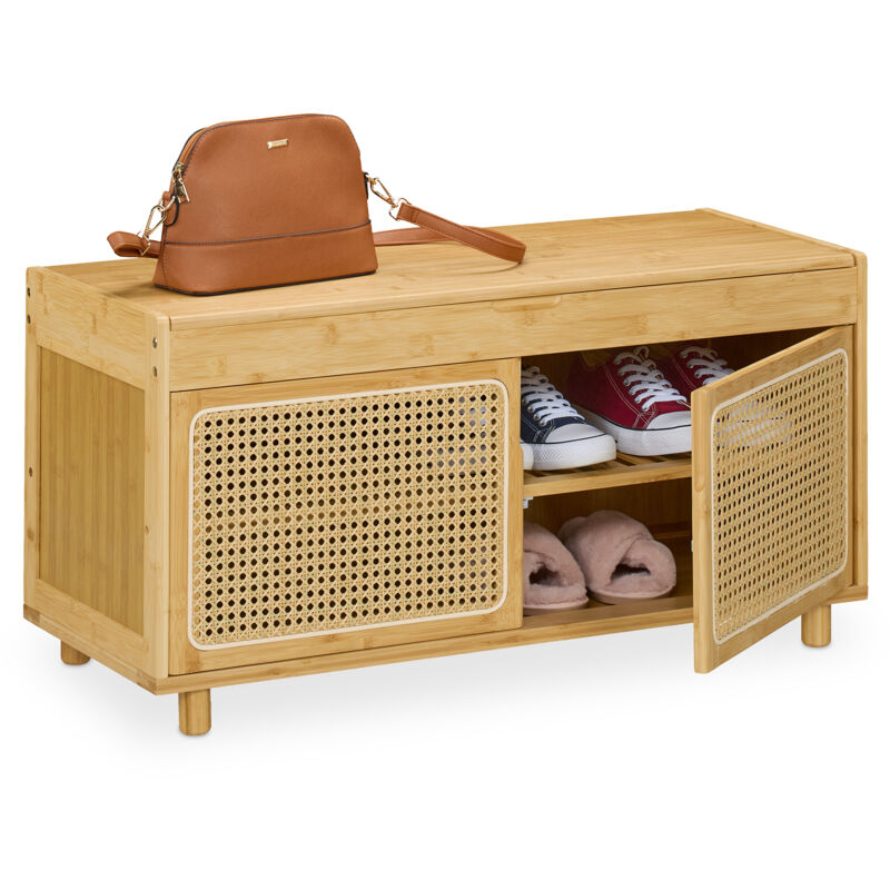 foto del prodotto panca con scarpiera da ingresso, 2 ripiani portascarpe con ante rattan, hlp 45x90x37 cm, in bamb , naturale relaxdays
