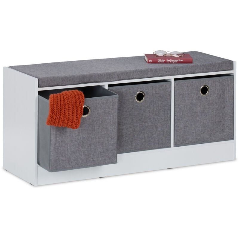 foto del prodotto panca contenitore con 3 cassetti, cassapanca ingresso o camera, hlp 46x102x32 cm, porta scarpe, bianco grigio relaxdays