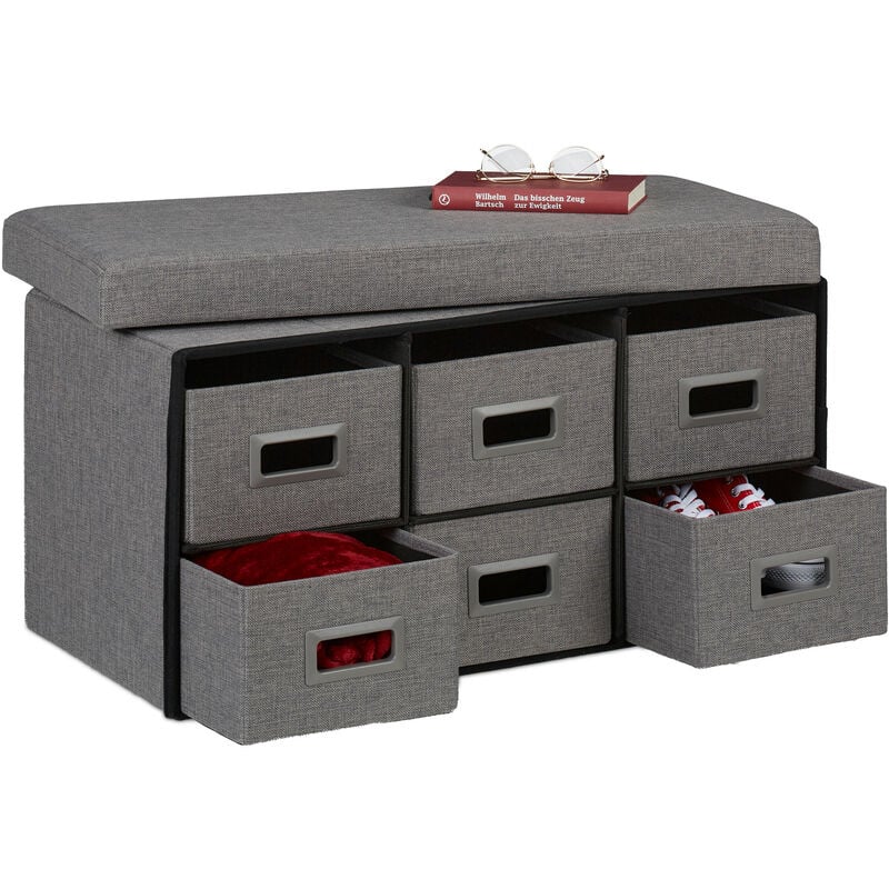 immagine 0 del prodotto panca contenitore con 6 cassetti, pieghevole, ingresso o camera letto, hlp 39x75,5x37 cm, porta giochi, grigio relaxdays