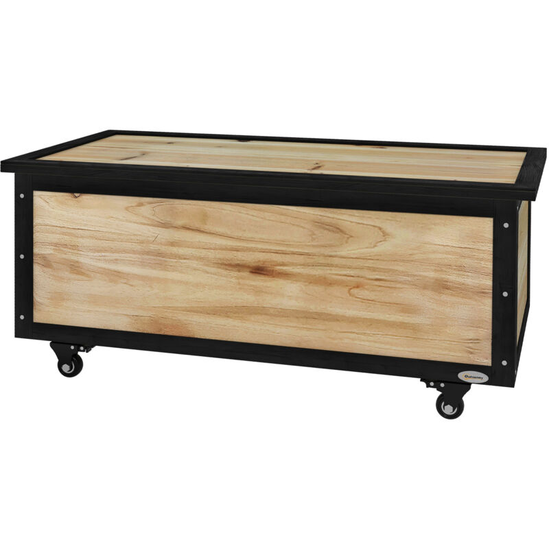 foto del prodotto panca contenitore da giardino 121l con 4 ruote in legno e acciaio outsunny