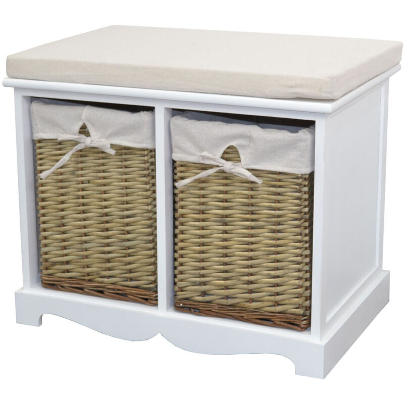 foto del prodotto panca contenitore di design vintage in mdf bianco con 2 cestini in salice bianco naturale med05171