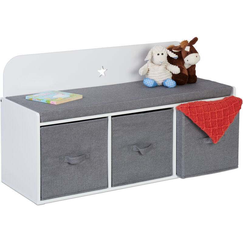foto del prodotto panca contenitore per bambini, cassapanca portagiochi camera, hlp 54 x 99 x 35 cm, imbottita, bianco grigio relaxdays