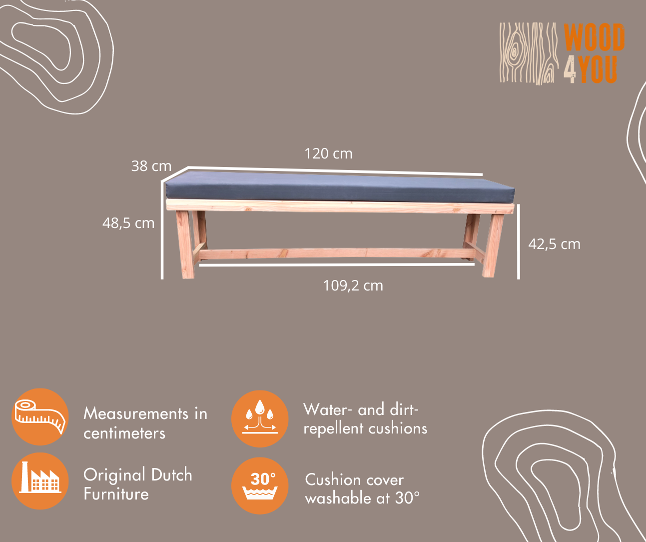 foto del prodotto panca da giardino in legno rotterdam con cuscino incluso lunghezza 120 cm