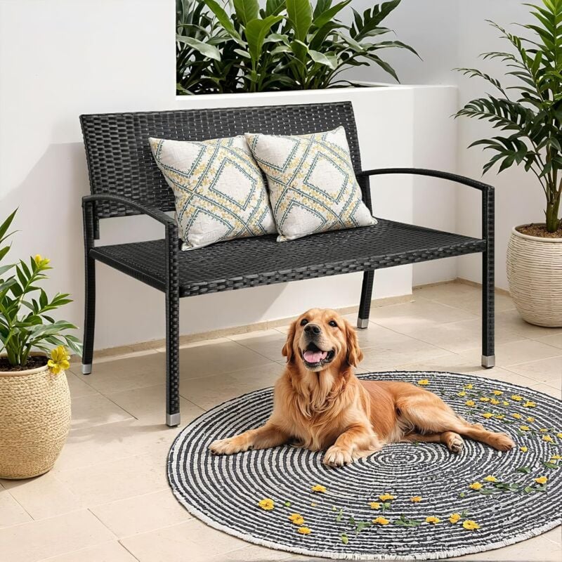 foto del prodotto panca da giardino in rattan, panca da esterno, panca da balcone a 2 posti, mobili da giardino, rattan bifacciale, 122x62x90 cm, nero