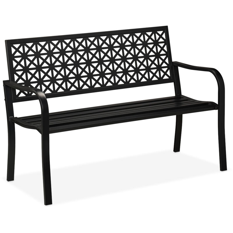 foto del prodotto panca da giardino, panchina a 2 posti da balcone esterno, hlp 85x127x62 cm, design geometrico, acciaio, nero relaxdays