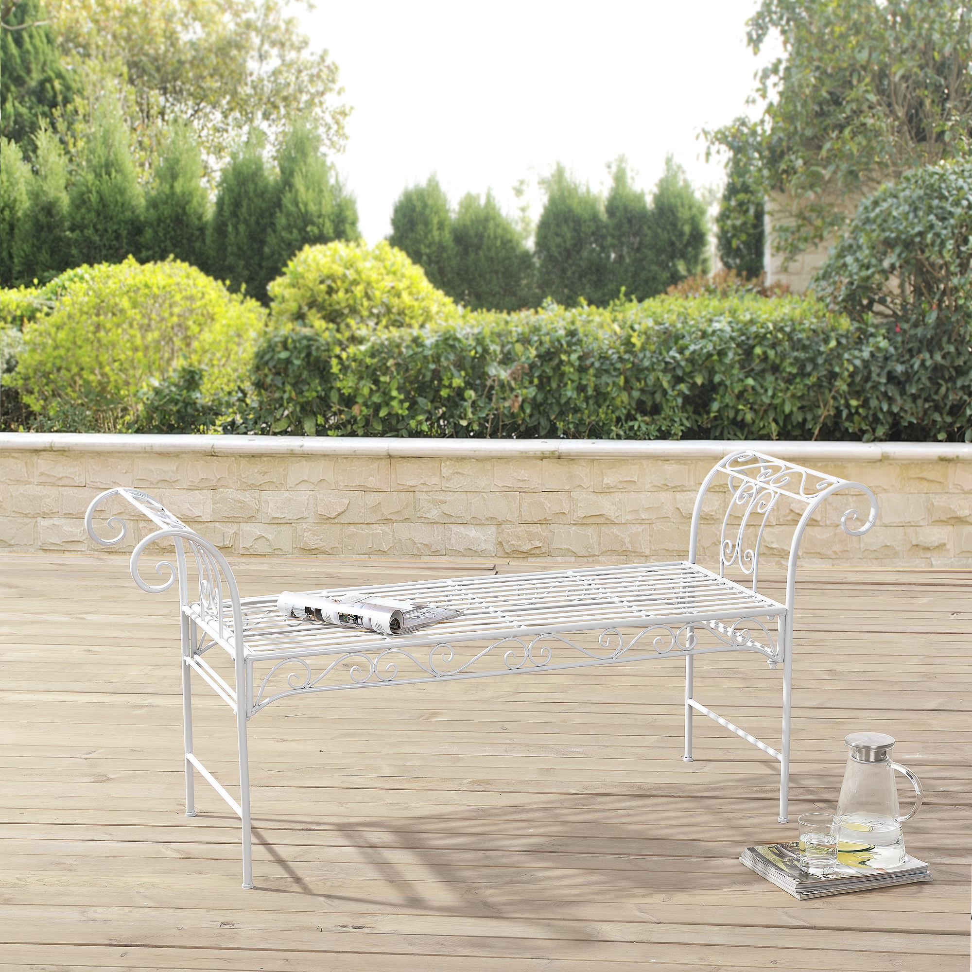 foto del prodotto panca da giardino terrazza balcone con 2 posti di seduta panchina in metallo con elementi decorativi e braccioli