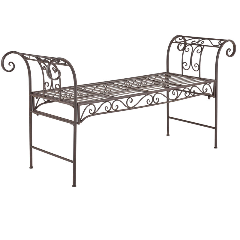 foto del prodotto panca da giardino terrazza balcone con 2 posti di seduta panchina in metallo con elementi decorativi e braccioli incurvati marrone