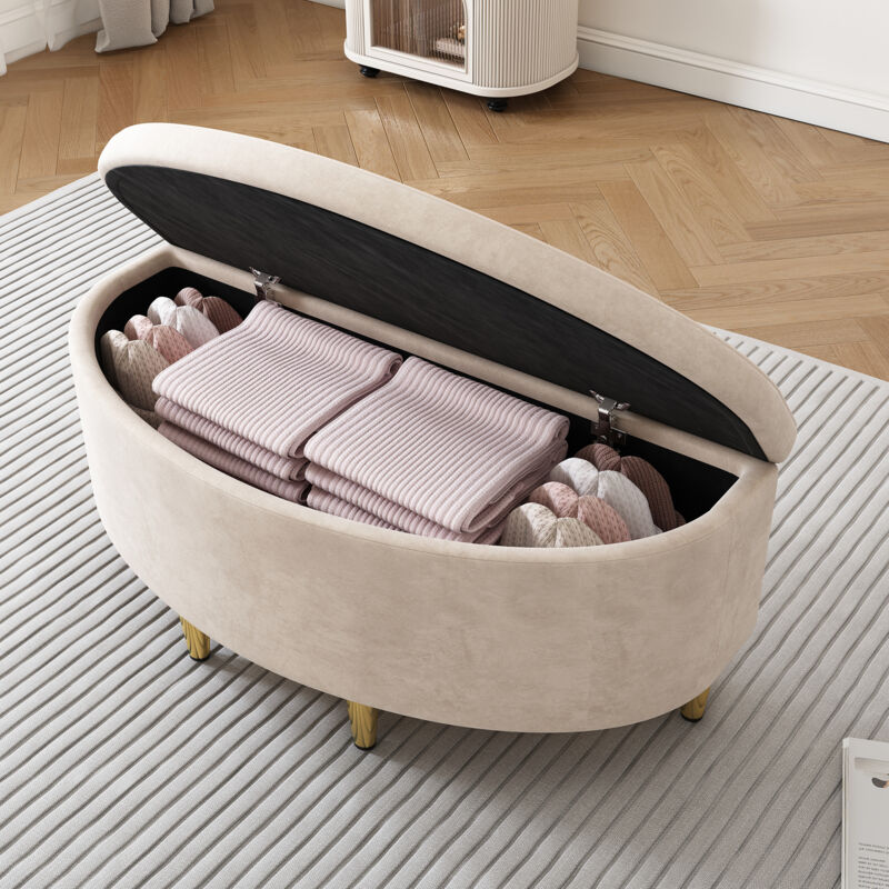 foto del prodotto panca imbottita, panca portaoggetti 90x40x42 cm, velluto, gambe in metallo, adatta per corridoio soggiorno camera da letti, beige