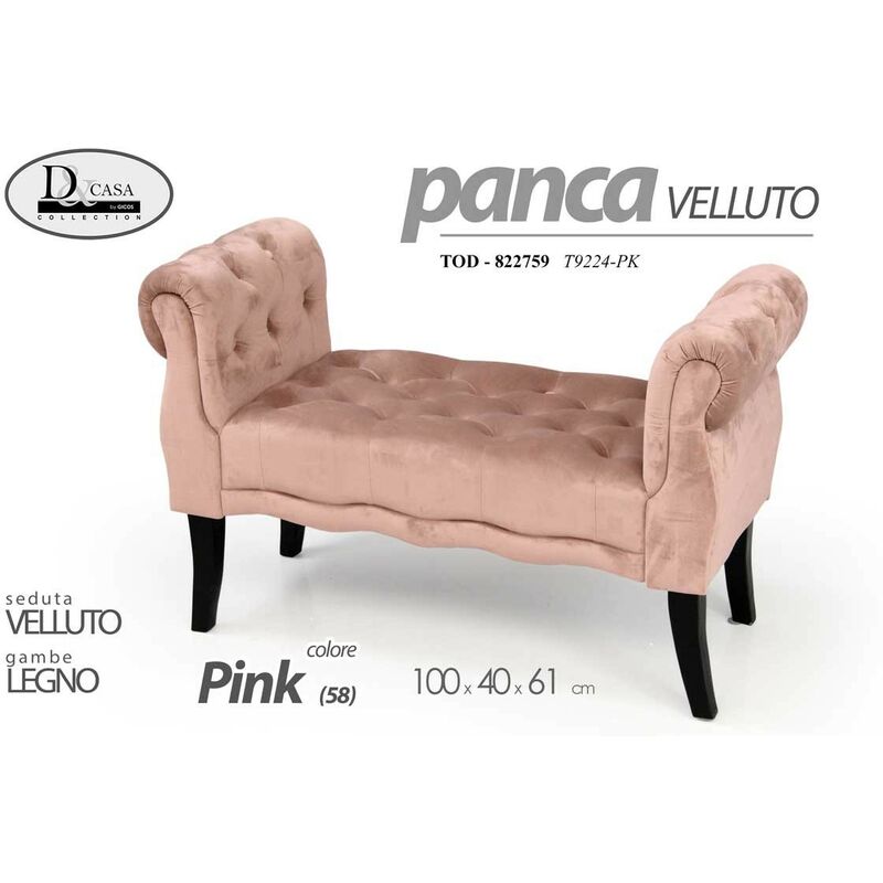 foto del prodotto panca in velluto rosa gambe in legno retro