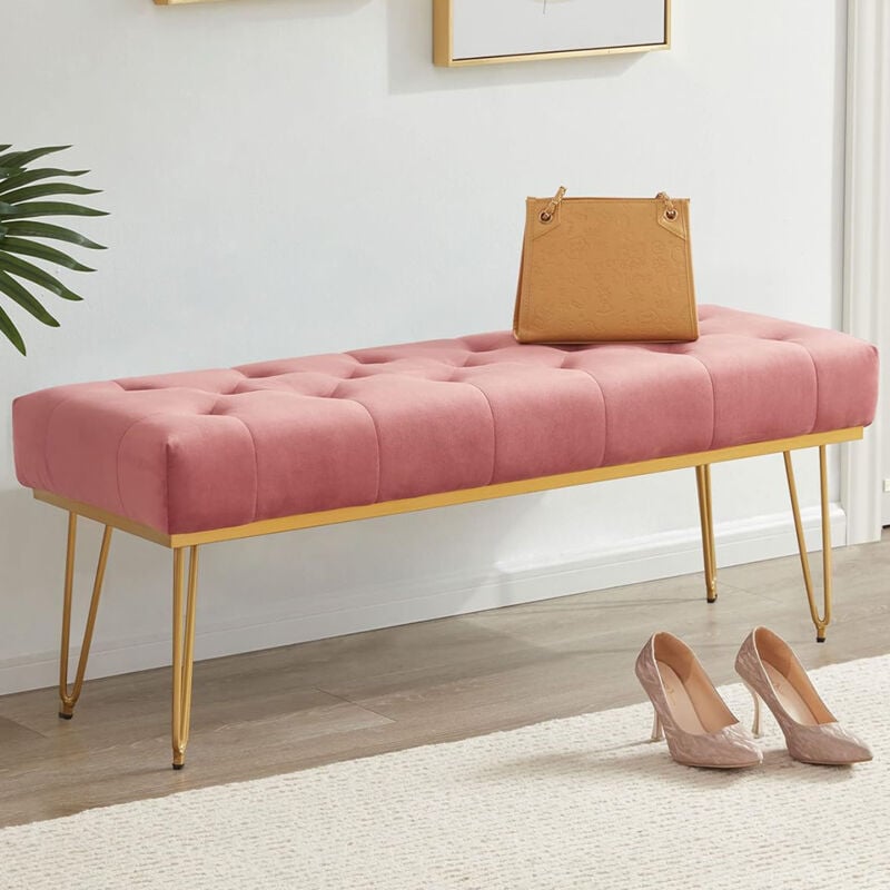 foto del prodotto panca panchina in tessuto rosa ingresso camera da letto cassapanca pouf ottomana