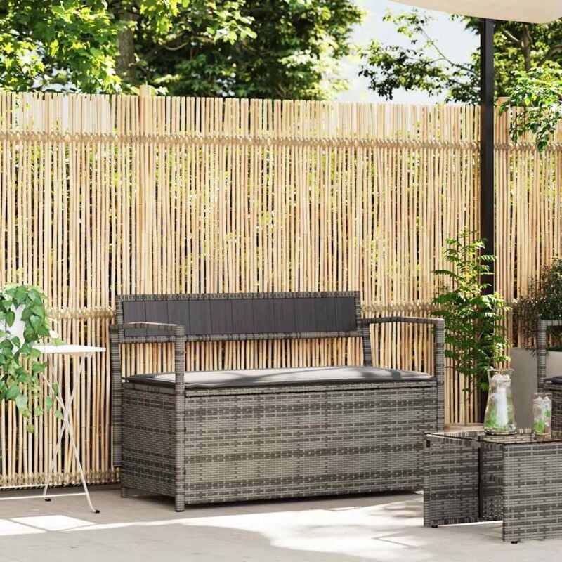 foto del prodotto panca portaoggetti da giardino con cuscino grigio in polyrattan vidaxl