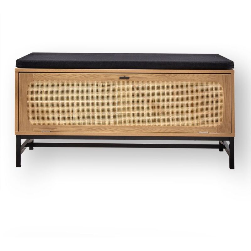 foto del prodotto panca portascarpe effetto legno e frontale in rattan l100 cm