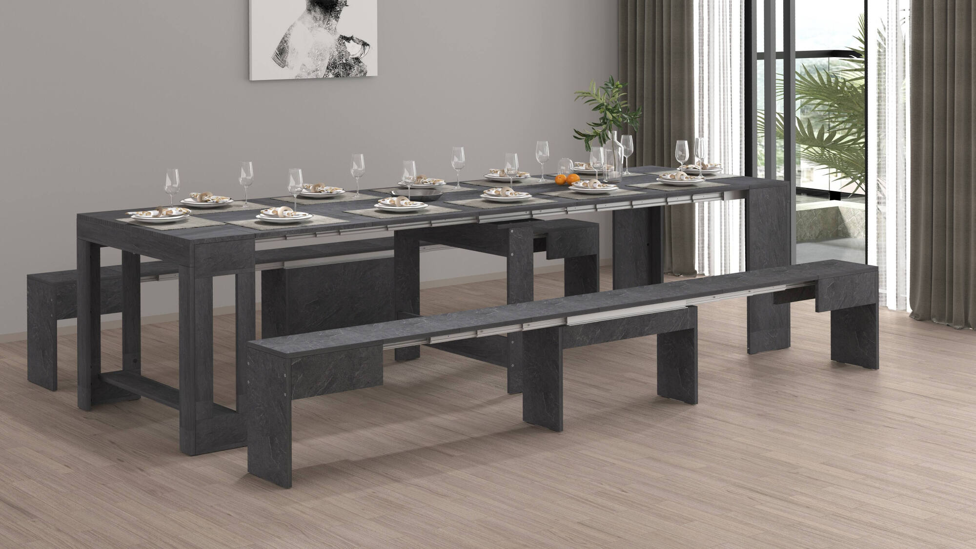 foto del prodotto panca quedan, set di 2 sedute per tavolo da pranzo, panche allungabili, 290x25h45 cm, ardesia