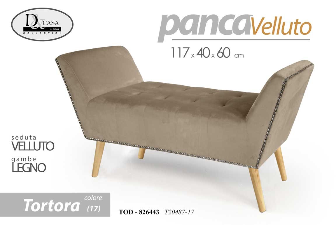 foto del prodotto panca retro in velluto tortora gambe in legno