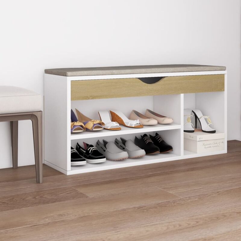 foto del prodotto panca scarpe cuscino bianco rovere sonoma 104x30x49 multistrato vidaxl 809685