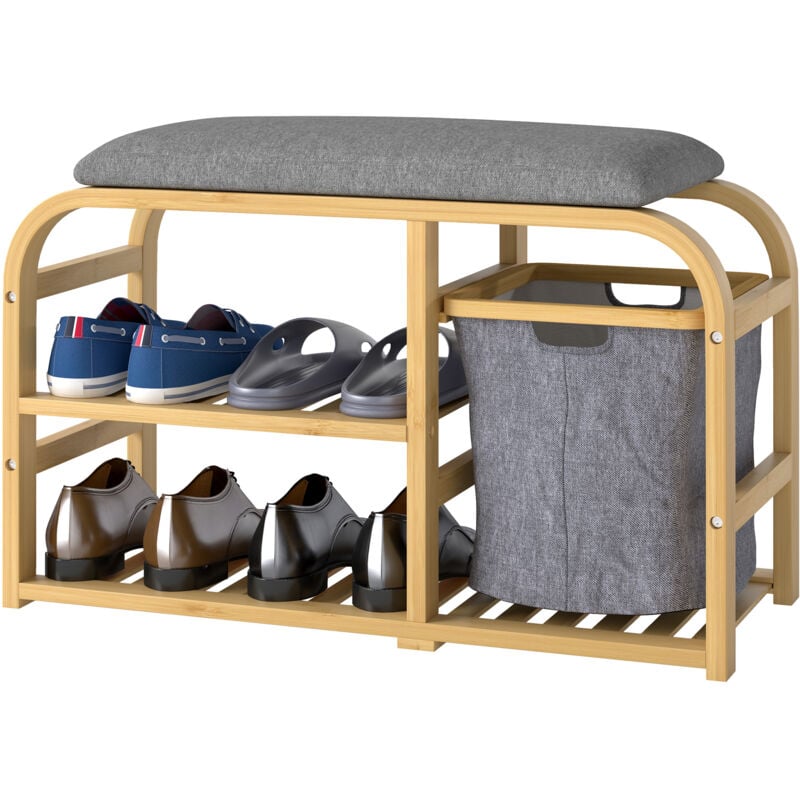foto del prodotto panca scarpiera a doghe imbottita con cesto estraibile 70x30x45cm legno homcom