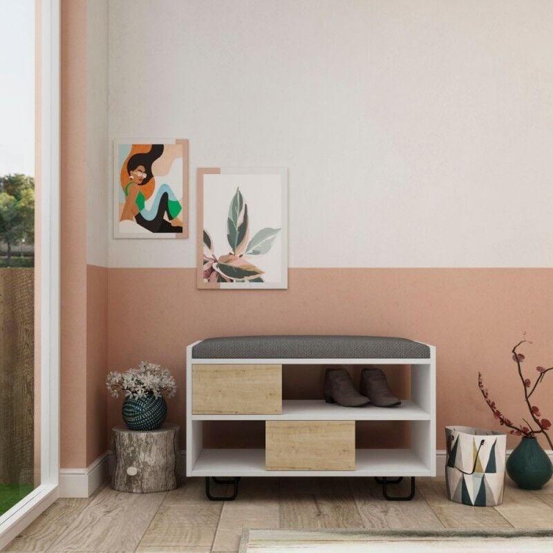 foto del prodotto panca scarpiera con cuscino colore bianco e rovere troy