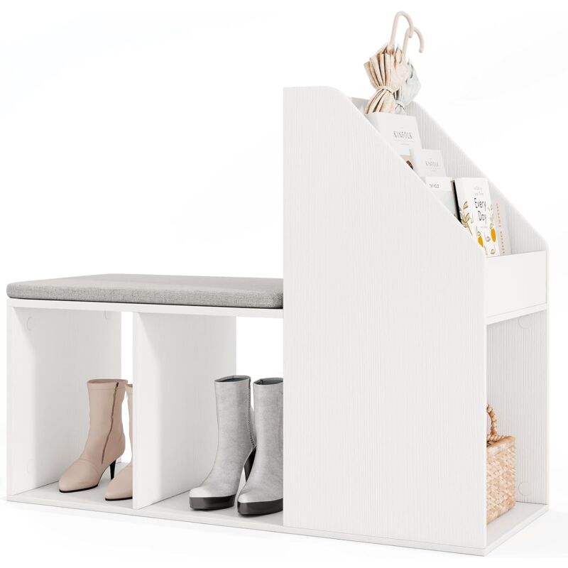 foto del prodotto panca scarpiera con cuscino rimovibile e scaffale 2 in 1, panca con scaffale portaoggetti a 3 cubi e 3 ripiani per libri, panca per scarpe da