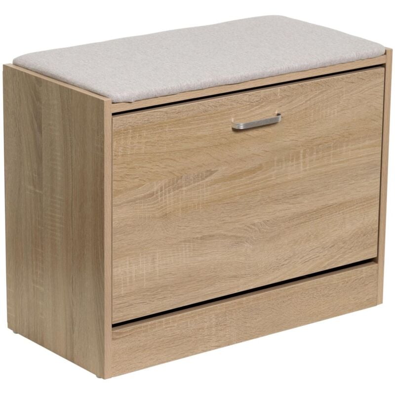 foto del prodotto panca scarpiera porta scarpe in legno con cuscino seduta in tessuto 3 ripiani anta a ribalta da ingresso 30 x 63 x 50h cm rovere marvin