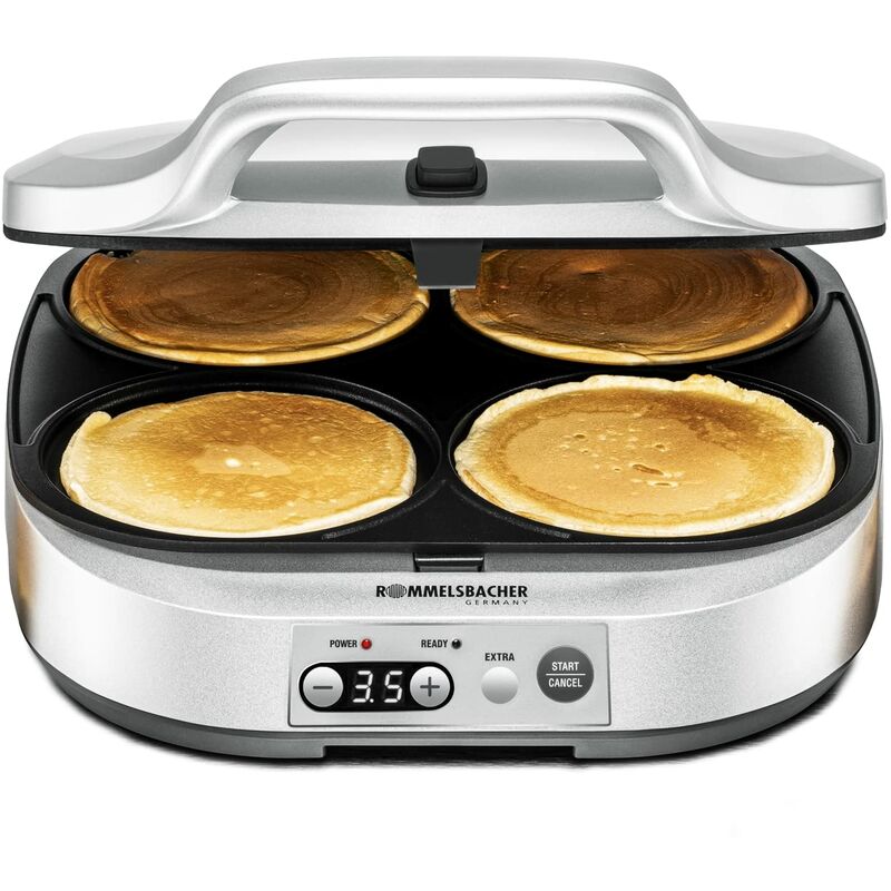 foto del prodotto pancake maker pc 1800, 4 piastre da 13,5 cm di diametro, rivestimento antiaderente, timer da 15 minuti, spegnimento automatico, 1800 watt, colore