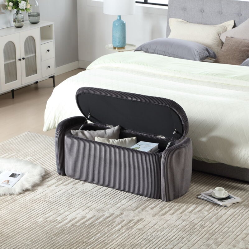 foto del prodotto panche fondo letto, panca contenitore imbottita da comodino, per soggiorno, ingresso, camera da letto, velluto, grigio scuro