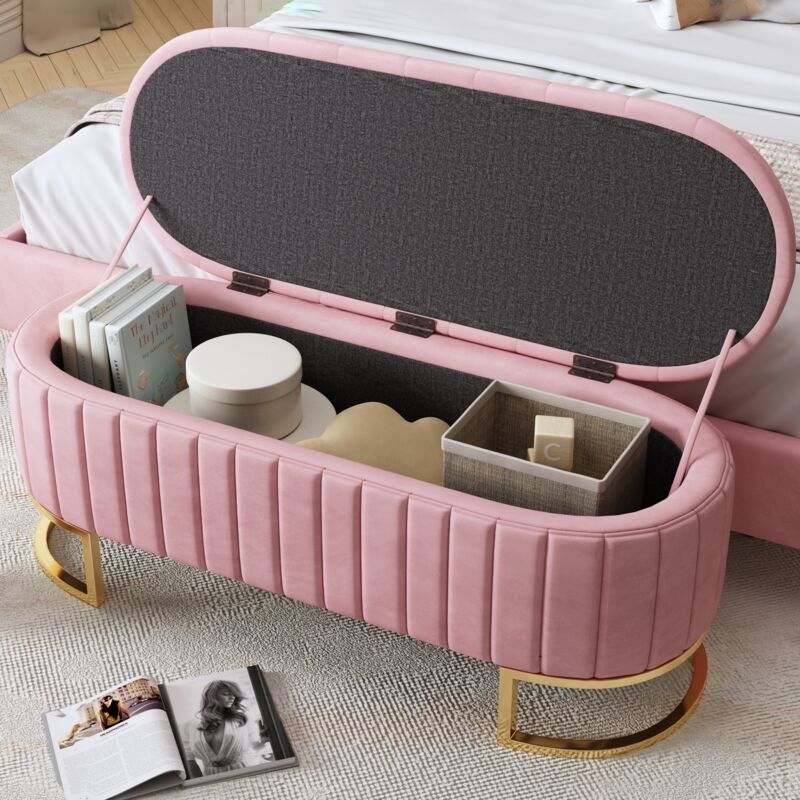 foto del prodotto panche fondo letto120x39.9x41.9cm, poggiapiedi con contenitore, gambe dorate, velluto, rosa