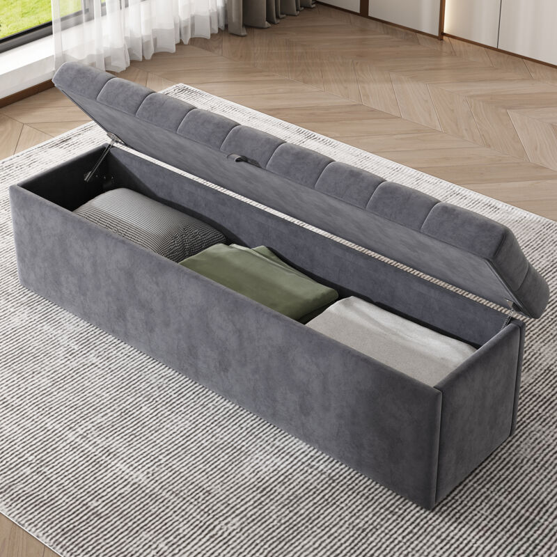 foto del prodotto panche imbottita 138 x 41 x 42 cm, velluto, panca letto, panca con contenitore, grigio