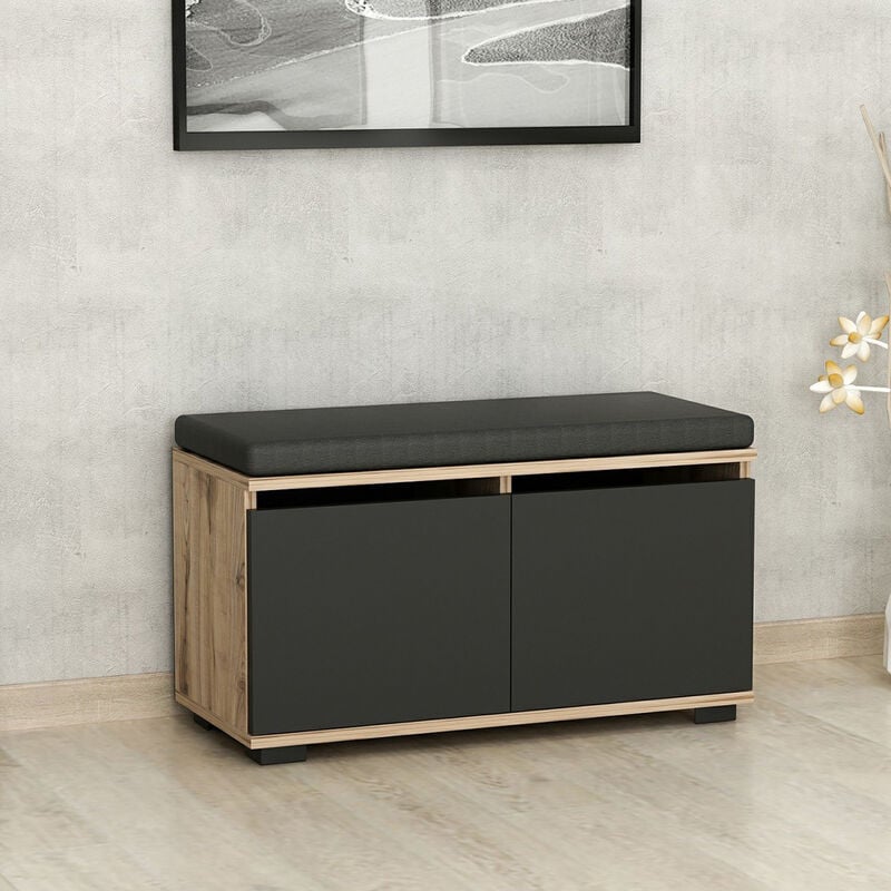 foto del prodotto panchina portascarpe brande scarpiera con 2 ante a ribalta e seduta imbottita effetto rovere nero en.casa 