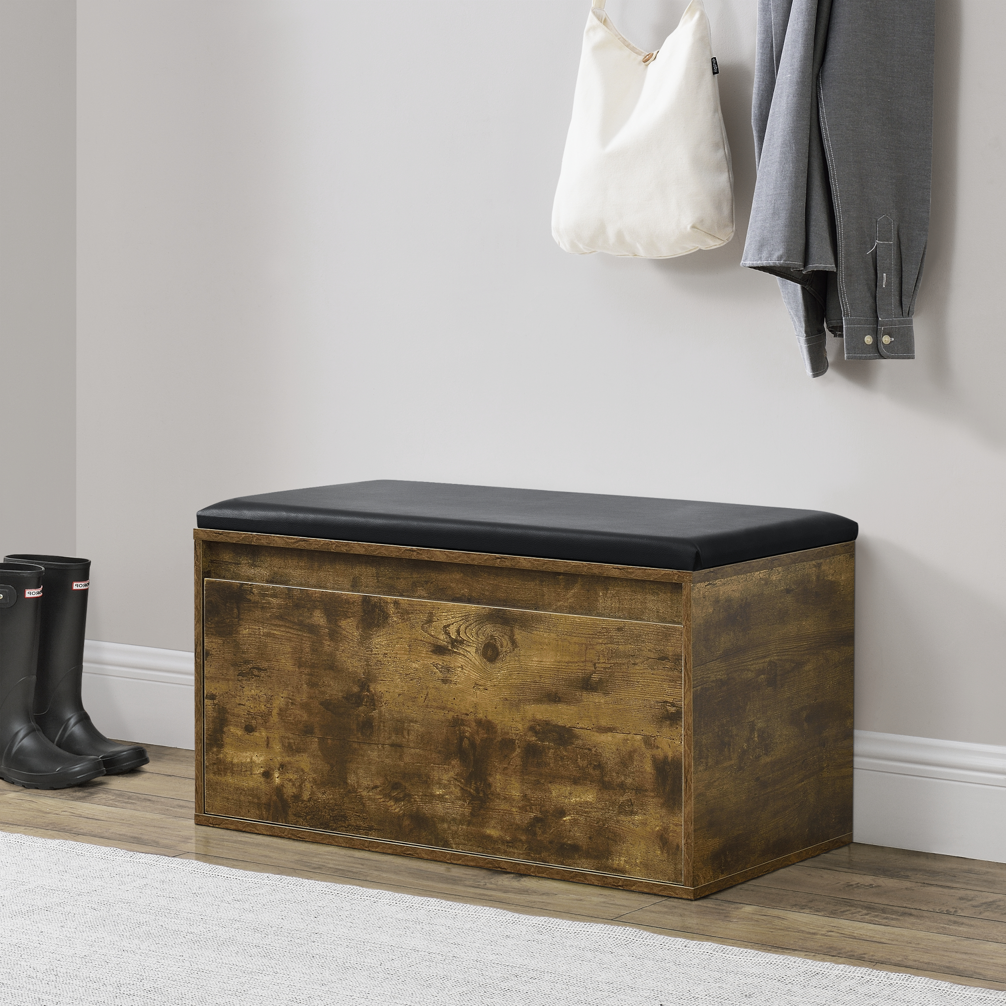 foto del prodotto panchina portascarpe degerfors con cassetto 80x39x45 cm effetto rovere nero en.casa 