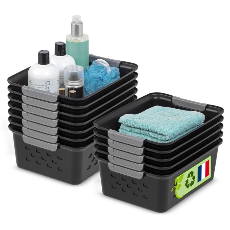 foto del prodotto paniers d tag re en plastique polyvalent, ouvert, noir, 5l, lot de 12, empilable, ventilation, contenu visible, pour salle de bain, jouet, bureau,
