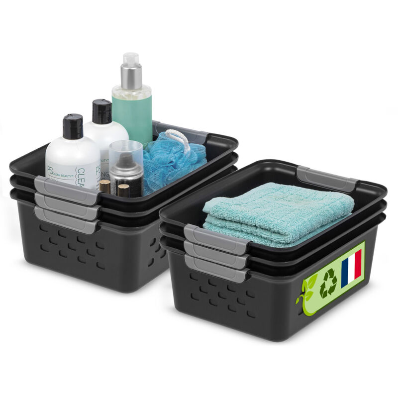 foto del prodotto paniers d tag re en plastique polyvalent, ouvert, noir, 5l, lot de 6, empilable, ventilation, contenu visible, pour salle de bain, jouet, bureau,