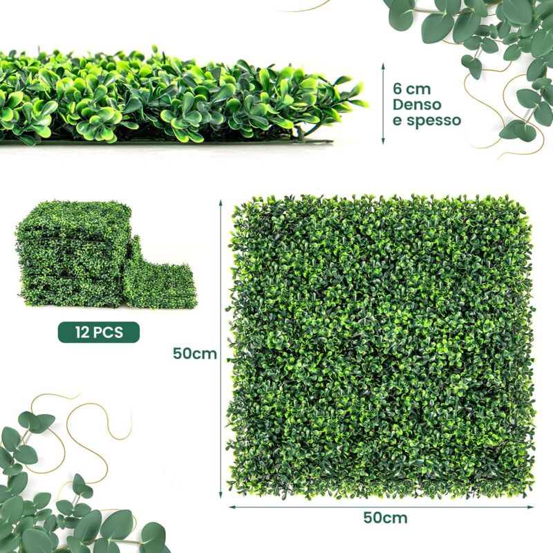 foto del prodotto pannelli da parete in erba artificiale a 12 pezzi, pannelli di siepe in bosso protettivi dal sole 50 x 50 cm, decorazione di sfondo verde per