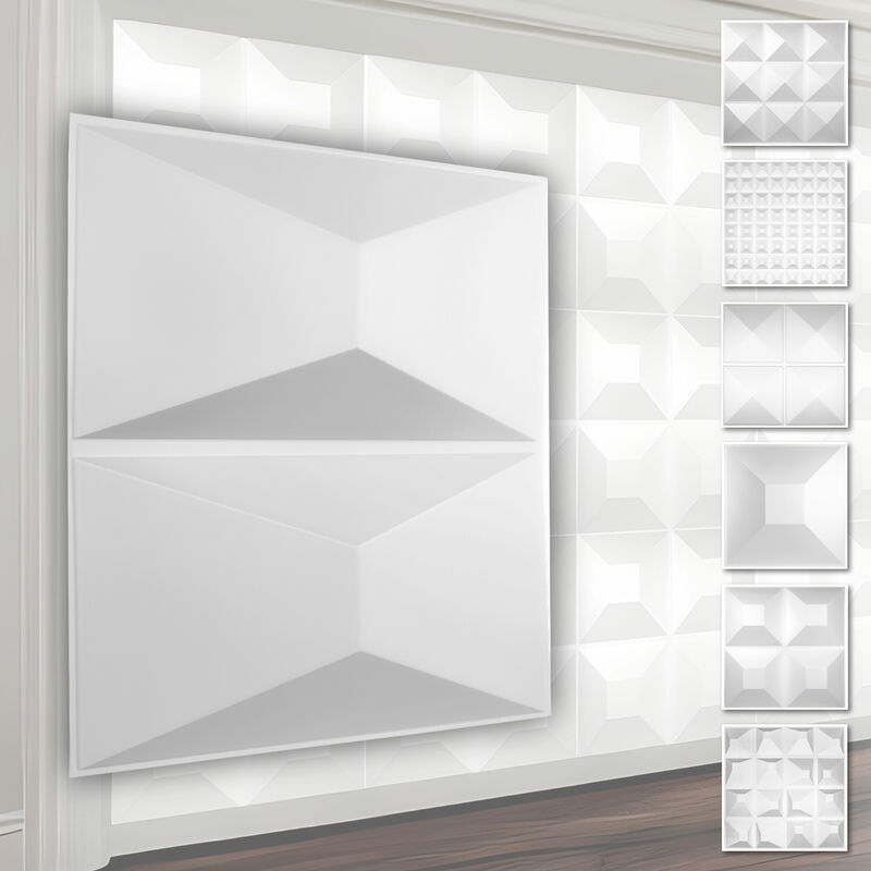 foto del prodotto pannelli murali 3d in plastica pvc rivestimento murale bianco con ottica 3d motivi piramidali 1 pannello campione, hd028