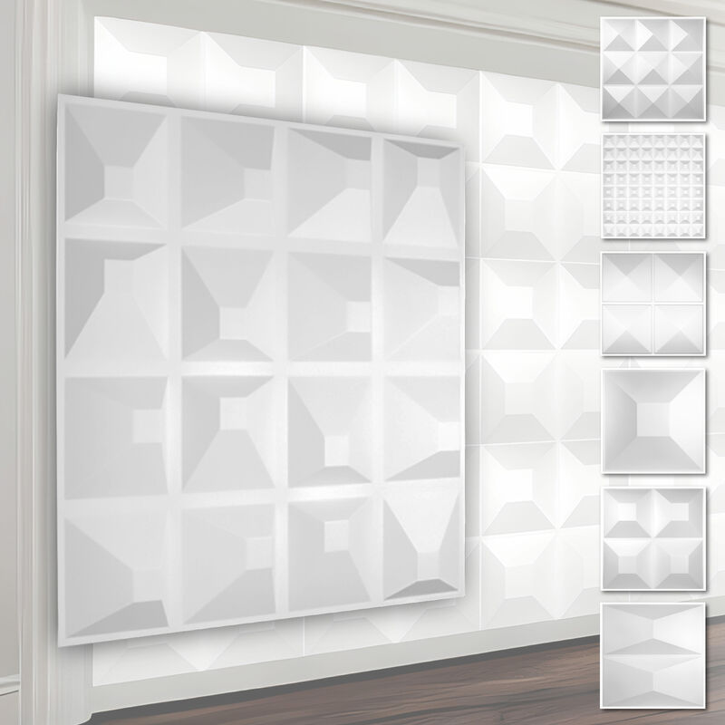 foto del prodotto pannelli murali 3d in plastica pvc rivestimento murale bianco con ottica 3d motivi piramidali 1 pannello campione, hd109
