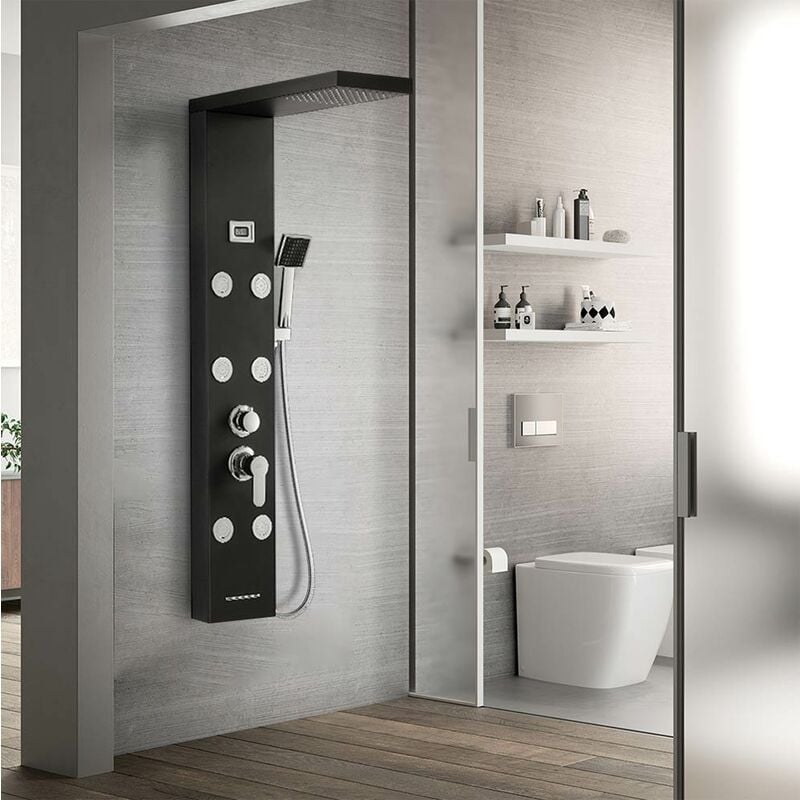 foto del prodotto pannello colonna doccia in acciaio inossidabile 4 funzioni set de doccia con idromassaggio cascata soffione e doccetta a mano, nero