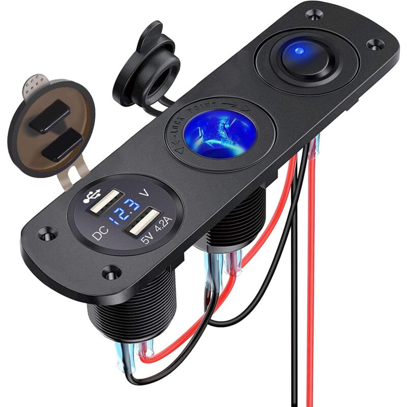foto del prodotto pannello con presa per caricabatteria da auto dual usb thlevel con splitter per presa accendisigari da 13 v, voltmetro led e interruttore indipendente