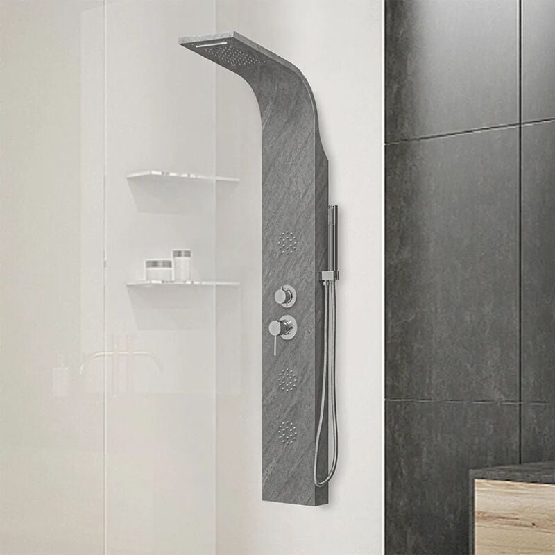 foto del prodotto pannello doccia idromassaggio in acciaio inox effetto cemento con 4 funzioni