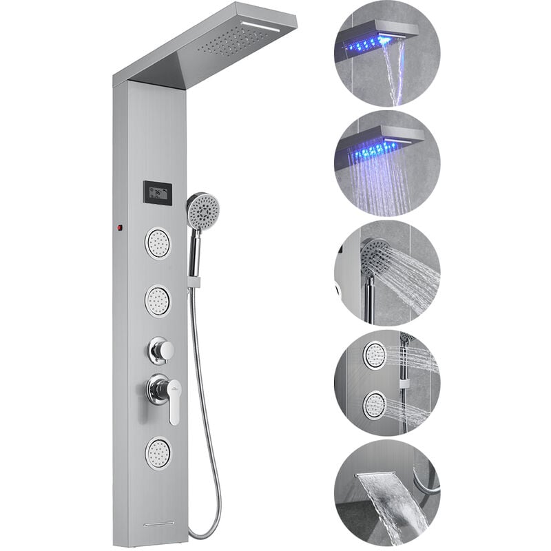 foto del prodotto pannello doccia in acciaio inossidabile, multifunzione colonna doccia idromassaggio con luci led, cascata, soffione e doccetta, doccia per massaggi