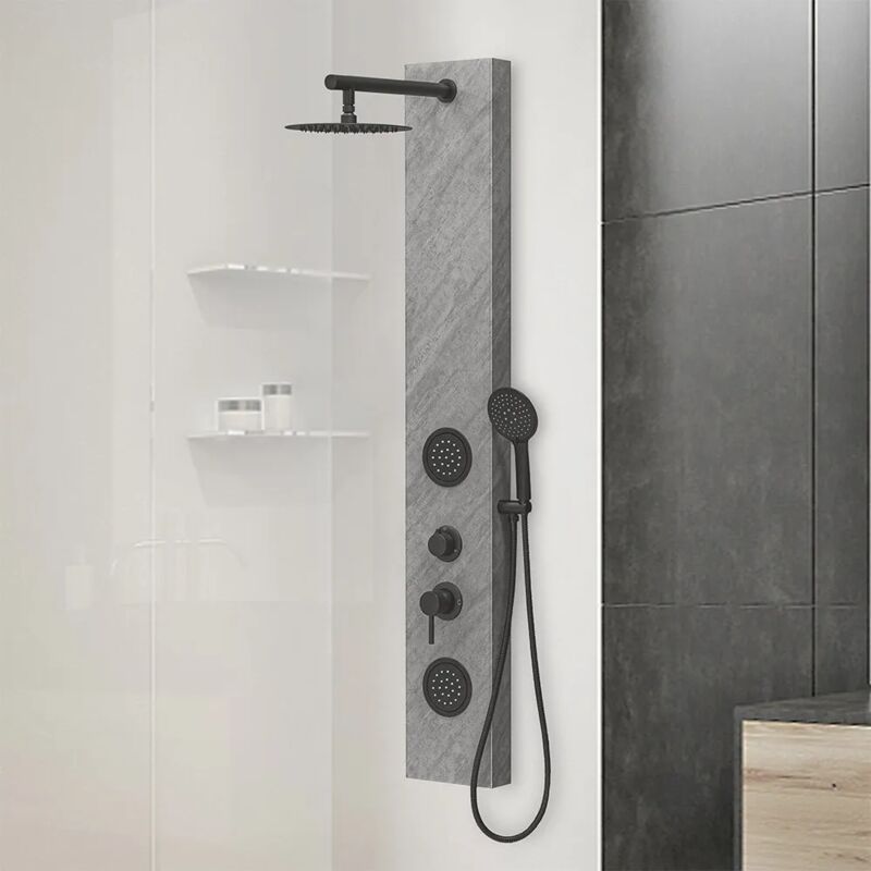 foto del prodotto pannello doccia in acciaio inox effetto pietra con soffione slim nero opaco