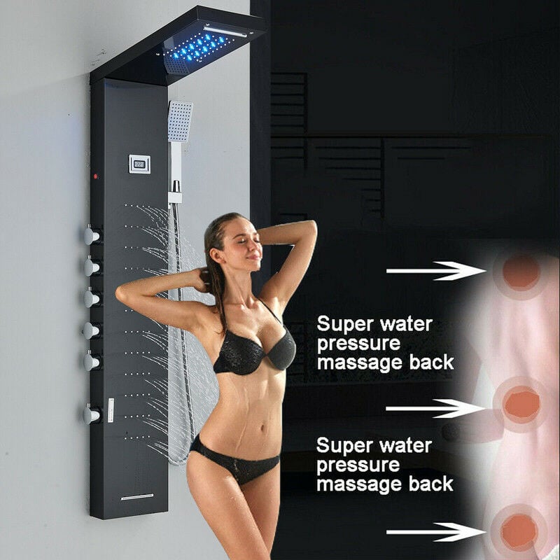 foto del prodotto pannello doccia senza miscelatore 5 funzioni colonna doccia idromassaggio con temperatura display,con massaggi,soffione fisso nichel spazzolato 