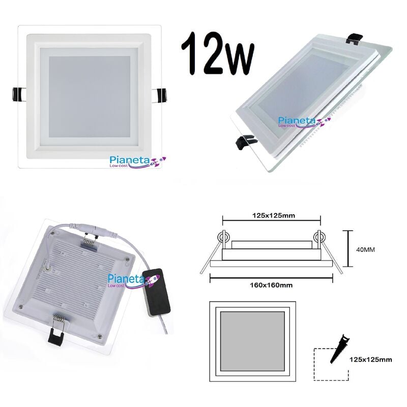 foto del prodotto pannello faretto led quadrato da incasso 12w con cornice in vetro alta luminosita 300kk 4000k 6500k colore luce bianco freddo