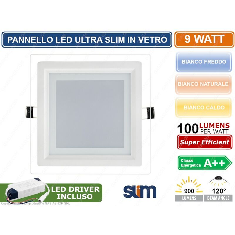 foto del prodotto pannello faretto led quadrato da incasso 9w con cornice in vetro alta luminosita 300kk 4000k 6500k colore luce bianco freddo