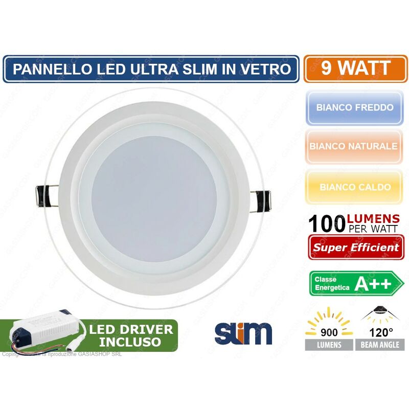 foto del prodotto pannello faretto led rotondo da incasso 9w con cornice in vetro alta luminosita 3000k 4000k 6500k colore luce bianco caldo