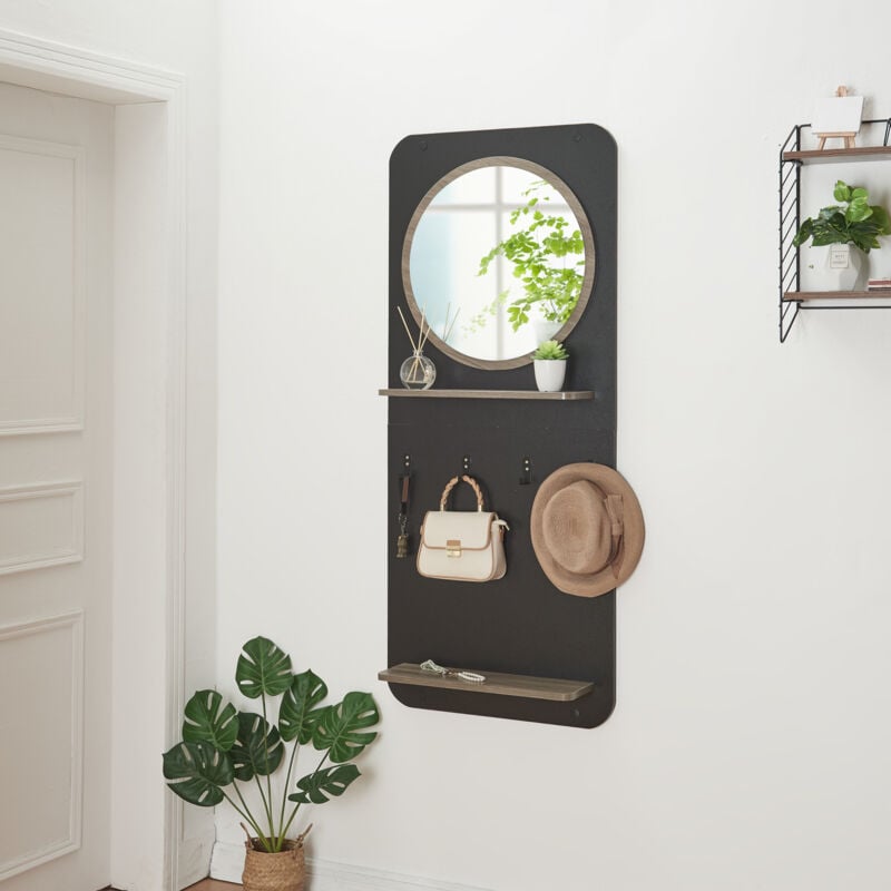 immagine 0 del prodotto pannello ingresso helsinge con specchio mensole e ganci nero effetto legno en.casa 