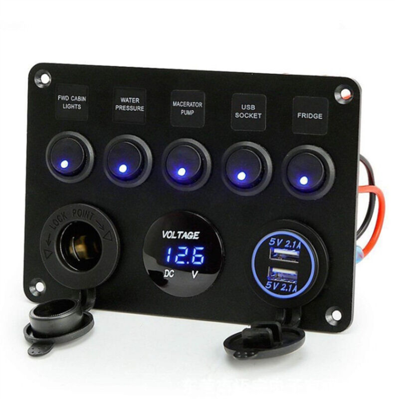 foto del prodotto pannello interruttori a bilanciere a 5 bande 12v 24v pannello interruttori ip65 impermeabile con doppio caricabatterie usb voltmetro digitale per