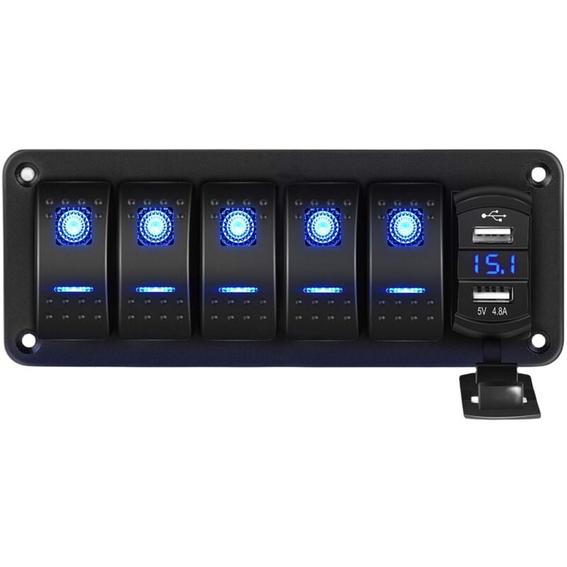 foto del prodotto pannello interruttori a bilanciere led blu voltmetro digitale caricabatterie usb doppio per veicoli barche rv camion nero, 5 bande 