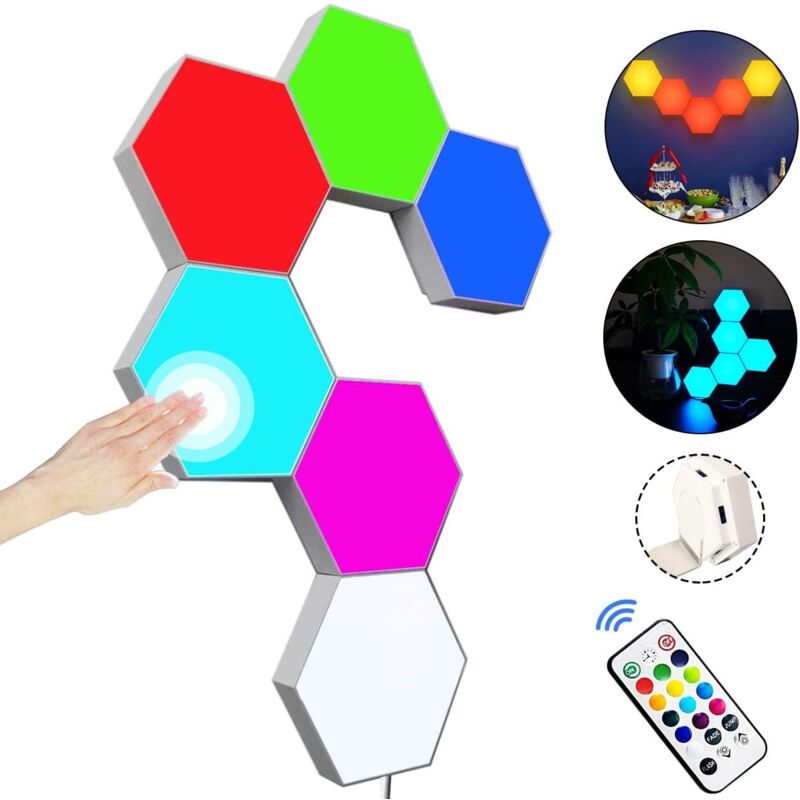 foto del prodotto pannello led da parete con telecomando, luci esagonali intelligenti touch control lampada da gioco rgb luci notturne modulo di giunzione geometria