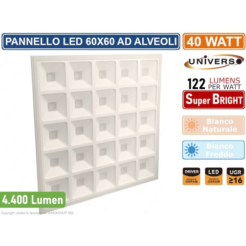 foto del prodotto pannello led quadrato ad alveoli montaggio ad incasso 60x60 40w con driver 4400 lumen - 4000k 6500k - colore luce: bianco freddo